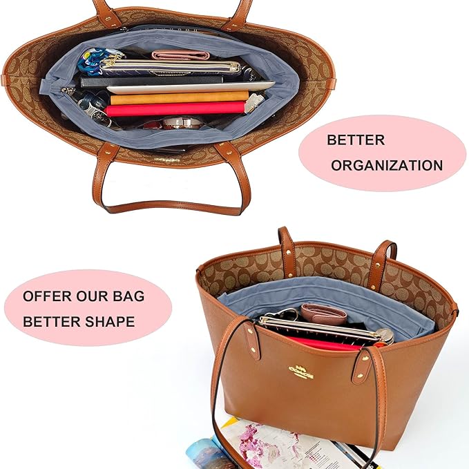 Time Wing Handbag Tote Purse Organizer Insert Bag Liner Shaper Divider Zipper 11 Pockets Compartments X Large Grey