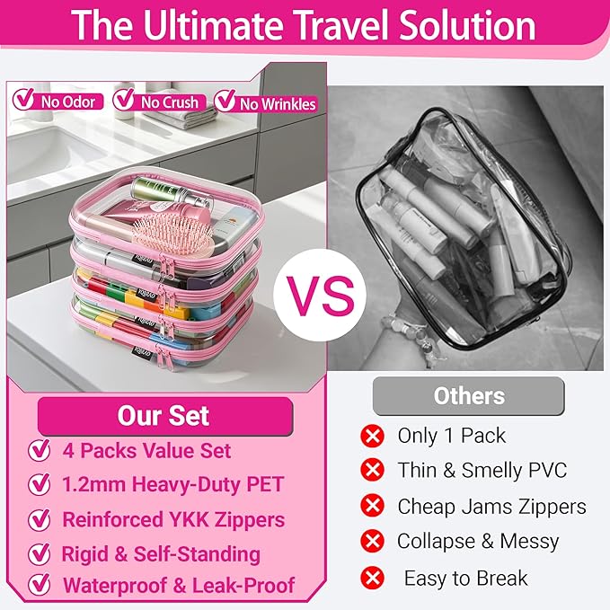 YQBRA 4 Pack Clear Hard Shell Zipper Case, See-Through Hard Plastic Organizer Pouches with Zipper for Travel, Toiletries, Makeup, Toy, Electronics & Pencils - Crush-Resistant Storage (M Pink)
