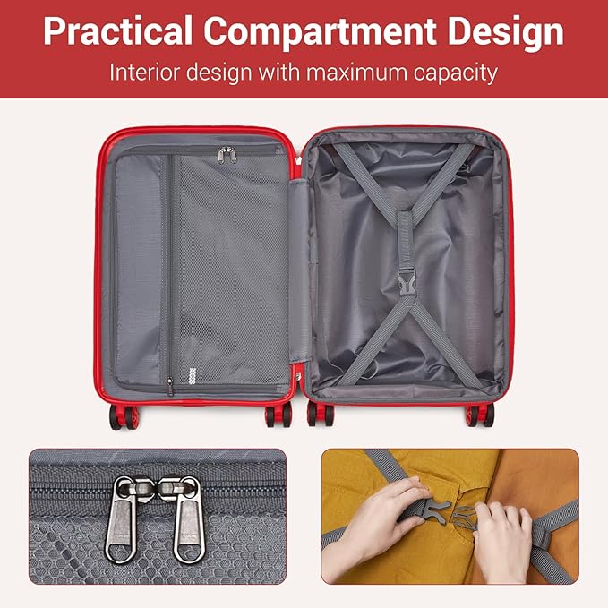 Kono Carry On Luggage 24 Inch Checked-Medium Hard Shell Travel Trolley 4 Spinner Wheels Lightweight Polypropylene Suitcase with TSA Lock, Red