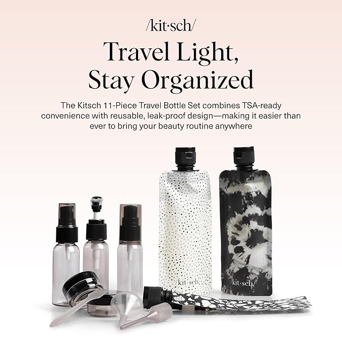 Kitsch 11 PCS Travel Containers for Toiletries – Travel Essentials Kit for Shampoo, & More - TSA Approved Bottles for Travel Size Toiletries, Leak-Proof Refillable Travel Containers - Black & Ivory