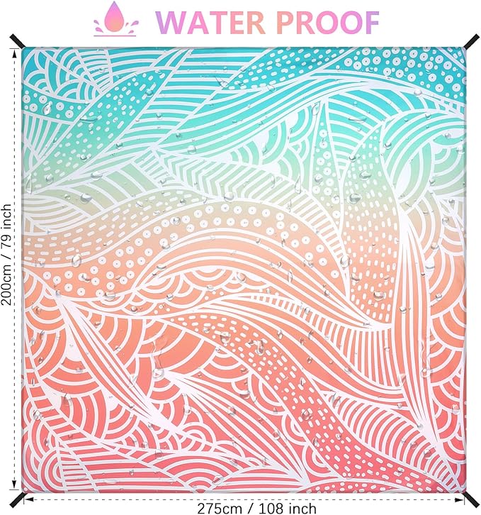 HIHOHO Beach Blanket Waterproof Sandproof Beach Mat for 1-8 Adults Quick Drying Durable Outdoor Picnic Mat for Beach Festival Travel Camping Hiking (Gradiant P&GN-Ripple, 79"×108"(6 Person))