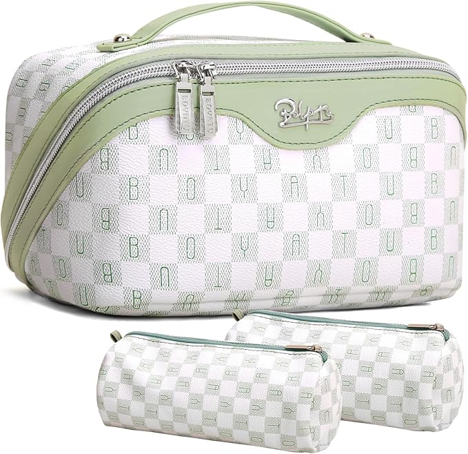 BOYATU Travel Makeup Bag Organizer Cosmetic Bag: 3 Pcs Set Make up Bags for Women with Handle - Waterproof Vegan Leather Toiletry Bags Travel Essentials Pouch with Compartments (H-06-Green)