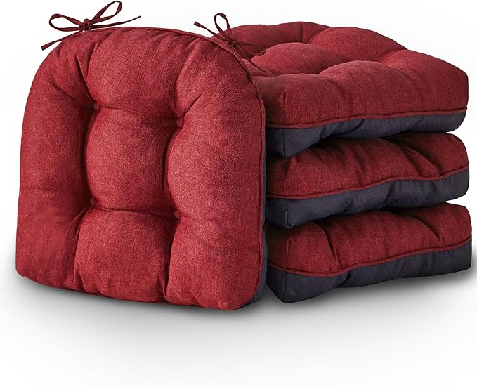 Chair Cushions for Dining Chairs, Seat Cushions for Kitchen Chairs, Indoor Seat Cushions with Ties, Tufted Foam Chair Pads, Non Slip Chair Cushions Set of 4, 15.5" x 15.5" x 4", Red
