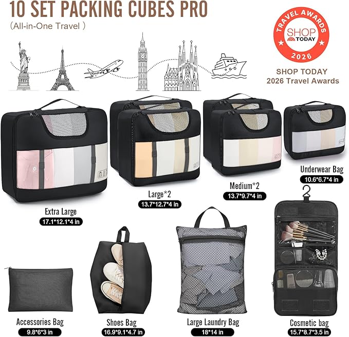 Veken 10 Set Packing Cubes for Travel Essential, Suitcase Organizer Bags in 4 Sizes, Carry-On Luggage Accessories with Large Laundry & Hanging Toiletry Bag, Must-Have for Airplane, Road Trip & Camping