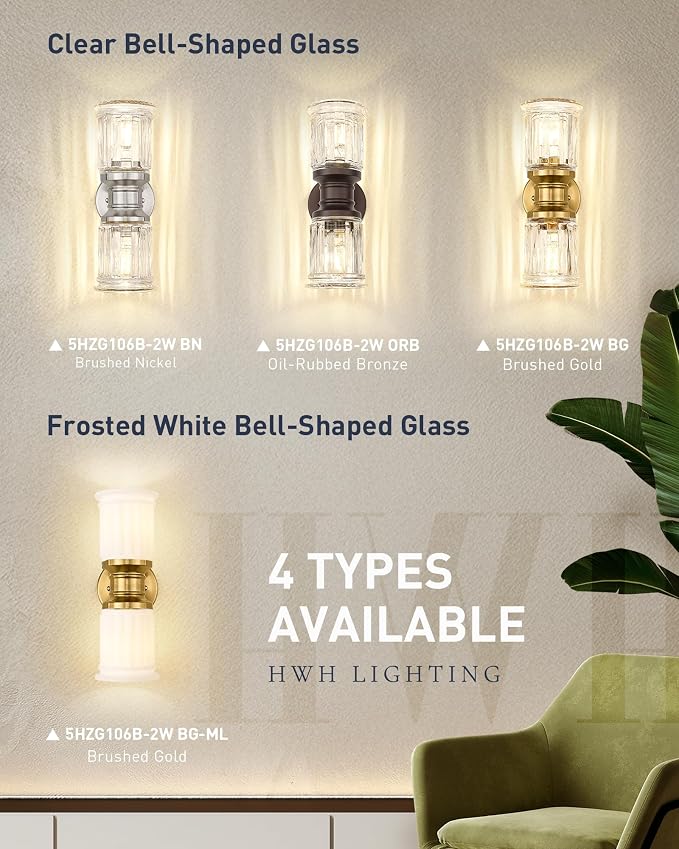 Bathroom Wall Sconces, HWH Brushed Nickel Wall Lighting for Bedroom, 2-Light Bathroom Light Fixtures with Bell-Shaped Clear Glass, Brushed Nickel Finish, 5HZG106B-2W BN