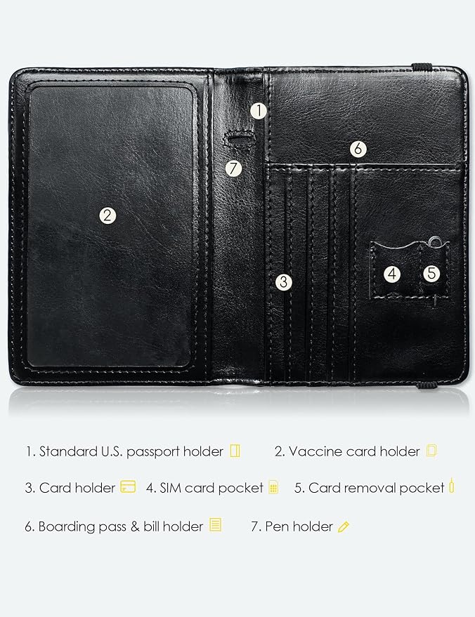 Mymazn Passport Holder with Clear Pocket Passport Case Passport Cover Women Passport Case with RFID Blocking and Vaccine Card Holder Travel Wallet (Black/Gold, Minimalist)