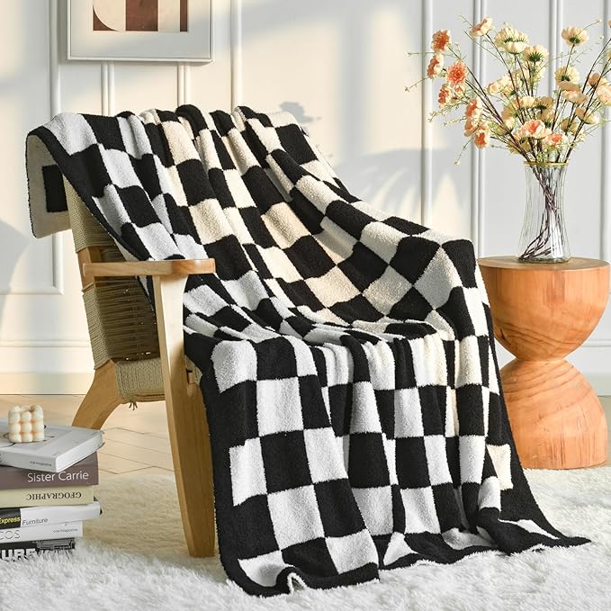 Checkered Blanket, Cozy Soft Throw Blankets for Couch Bed, Fluffy Plaid Lightweight Comfy Travel Picnic Blanket Gifts for Sofa Chair Living Room Camping (Black, Twin 60"x80")