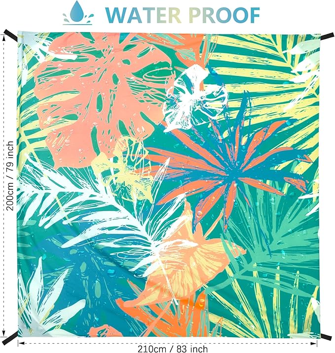 HIHOHO Beach Blanket Waterproof Sandproof Beach Mat for 1-8 Adults Quick Drying Durable Outdoor Picnic Mat for Beach Festival Travel Camping Hiking (Colorful-Palm, 79"×83"(4 Person))