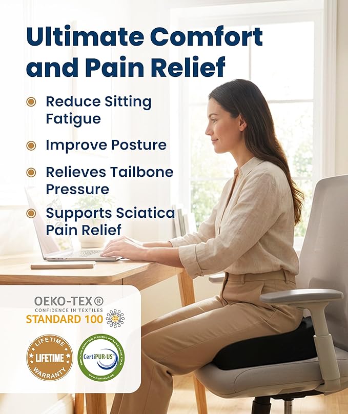 Everlasting Comfort Doctor Recommended Memory Foam Seat Cushion for Office Chairs & Car - Ergonomic Office Desk Accessories - Cushions for Tailbone Pain Relief, Sciatica (Black, XX-Large)