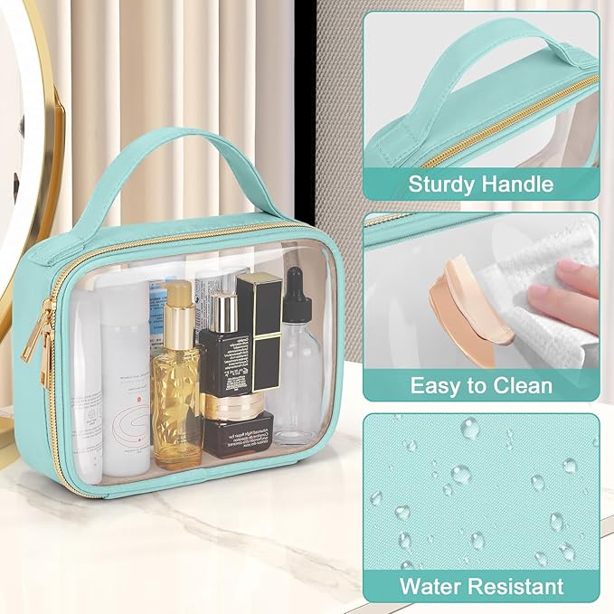 Wedama TSA Approved Toiletry Bag, 2 Pack Clear Makeup Bags with Handles, Quart Size PVC Clear Cosmetic Bags for Women and Men, Carry on Airport Airline Compliant Bag, Cyan Green