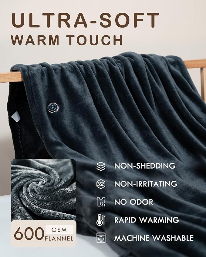 Cordless Heated Blanket Battery Powered; USB Wearable Portable Heated Throw Blanket with Hood, 20000 mAh Battery, 9 Heating Zone, 3-Level; Portable Heated Shawl Cordless; Camping (Warm Stone Gray)