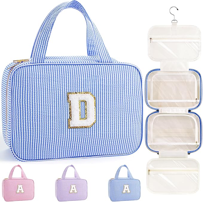 TOPEAST Travel Toiletry Bag for Women - Hanging Toiletry Bag, Large Capacity Personalized Travel Toiletry Bag and Makeup Bag, Travel Essentials Portable Toiletries Travel Bag - Letter D, Blue