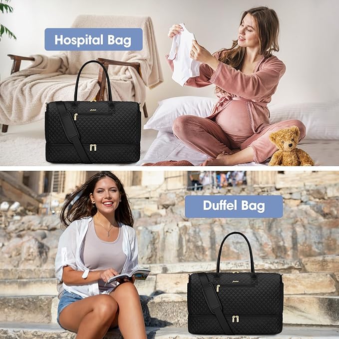 Travel Weekender Bags for Women - Duffle Bag Women with Shoe Compartment Carry On Overnight Bag with Toiletry Bag Duffel Bags with Wet Pocket for Gym Hospital Bags Black for College