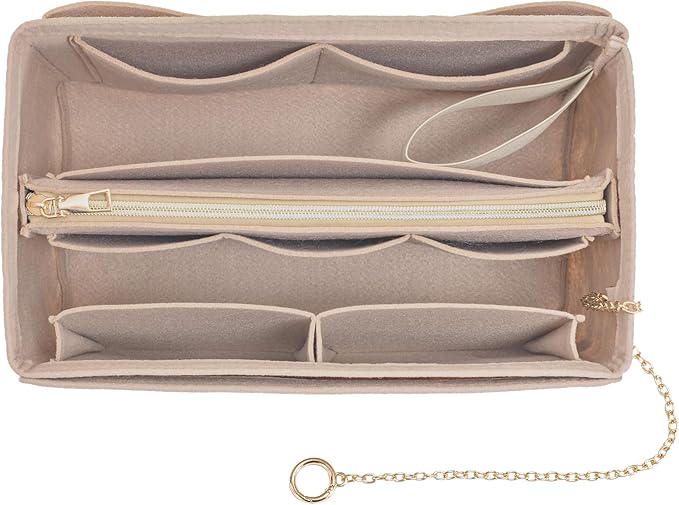 Purse Organizer Insert, Handbag Organizer with Zipper, Tote Shaper with Cup Holder & Keychain, Compatible with LV, Neverfull, MK, COACH, Longchamp, Kate Spade – Khaki-XL