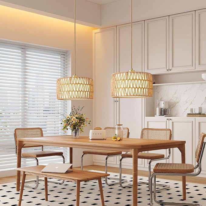 Plug in Pendant Light Rattan Hanging Lights with Plug in Cord | Woven & Fabric 2 in 1 LampShade, Hanging Lamp Plug in for Bedroom Living Room Kitchen Island (Bulb Included)