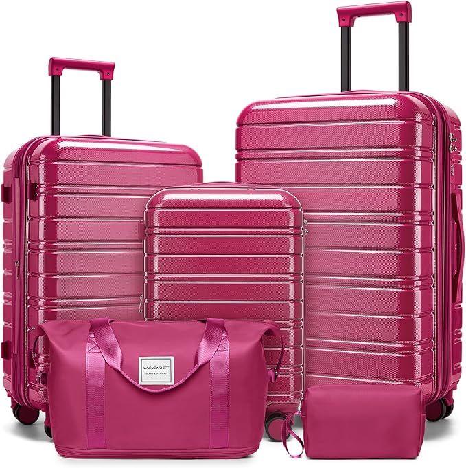 LARVENDER 5 Piece Hardside Expandable Luggage Sets with Wheels Lock, Lightweight PC+ABS Rolling Hardside Suitcase for Women and Men,Glossy Very Berry