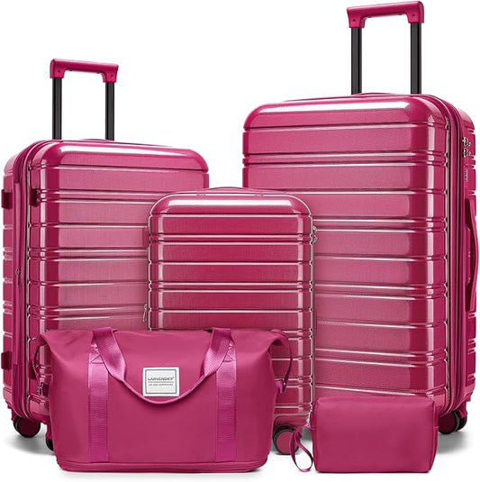 LARVENDER 5 Piece Hardside Expandable Luggage Sets with Wheels Lock, Lightweight PC+ABS Rolling Hardside Suitcase for Women and Men,Glossy Very Berry