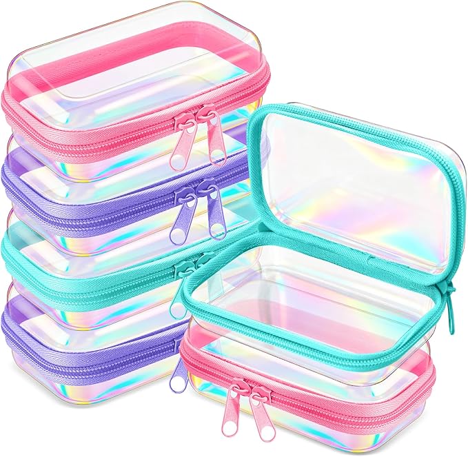 Sanwuta 6 Pcs Clear Hard Zipper Case Plastic Zipper Pouches Transparent Makeup Bag Pencil Case Pouches Toiletry Diaper Bag for Travel Toy Storage Organizer Bins(Holographic,5 x 3 x 2 Inch)