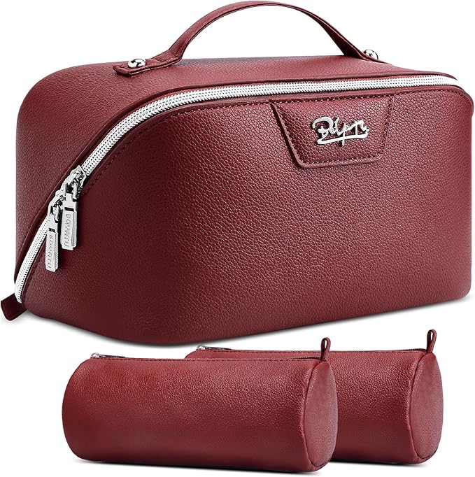BOYATU Travel Makeup Bag Cosmetic Bags for Women: Large Capacity 3 Pcs Set Make up Bag with Compartments - Waterproof Vegan Leather Toiletry Organizer Bags with Handle (L29Red)