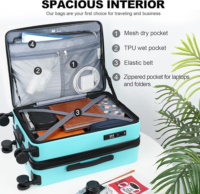 KROSER Carry On Luggage with Spinner Wheels & Built-in TSA Lock, Expandable Top Opening Hard Shell Suitcase Large Capacity Durable Rolling Luggage with USB Port, Carry-On 20-Inch, Lake Blue
