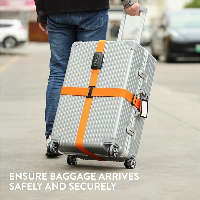Navaris TSA Luggage Strap - Secure Adjustable Strap for Suitcases with Combination Lock - Lockable Cross Case Travel Belt for Luggage with ID Tag - Orange