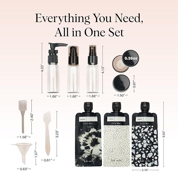 Kitsch 11 PCS Travel Containers for Toiletries – Travel Essentials Kit for Shampoo, & More - TSA Approved Bottles for Travel Size Toiletries, Leak-Proof Refillable Travel Containers - Black & Ivory