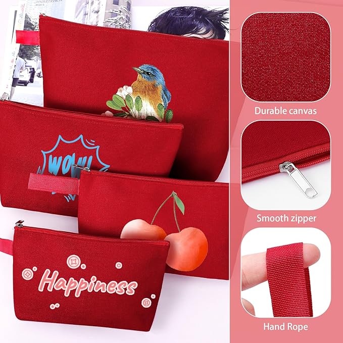 10 Pieces Cotton Canvas Makeup Bag with Bottom and Strap, Multi-Purpose Cosmetic Bag with Zipper Travel Toiletry Pouch, Blank DIY Craft Bag (Red, S)