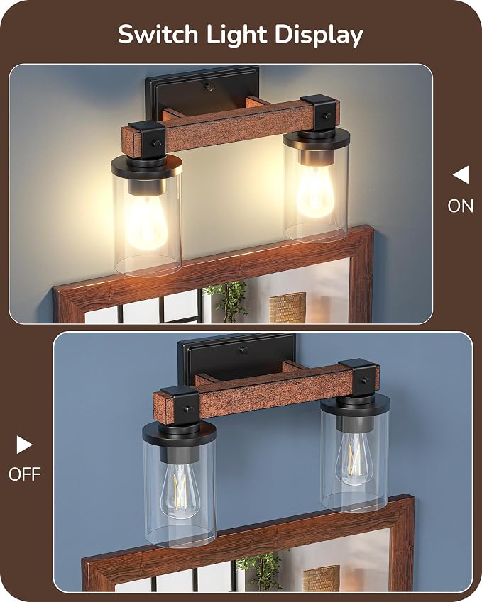 EDISHINE 2-Light Painted Wood Wall Sconces, Farmhouse Vanity Light Fixture | Clear Glass Shade, Up & Down Mounting Optional, E26 Base, Rustic Charm, Waterproof for Bedroom, Powder Room