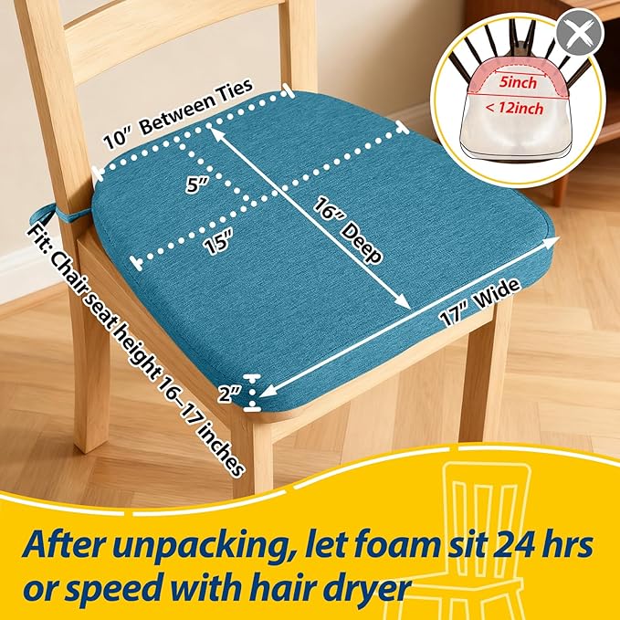 AAAAAcessories D-Shaped Chair Cushions, 2" Thick Dining Chair Pads with Ties and Removable, Machine-Washable Cover, 17" x 16", Set of 4, Teal