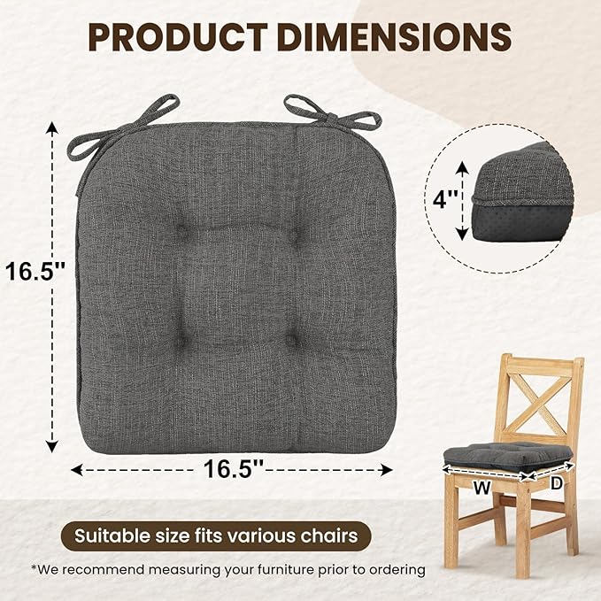 downluxe Indoor Chair Cushions for Dining Chairs, Tufted Overstuffed Textured Kitchen Chair Pads with Ties and Non-Slip Backing, 16.5" x 16.5" x 4", Dark Grey, 4 Pack