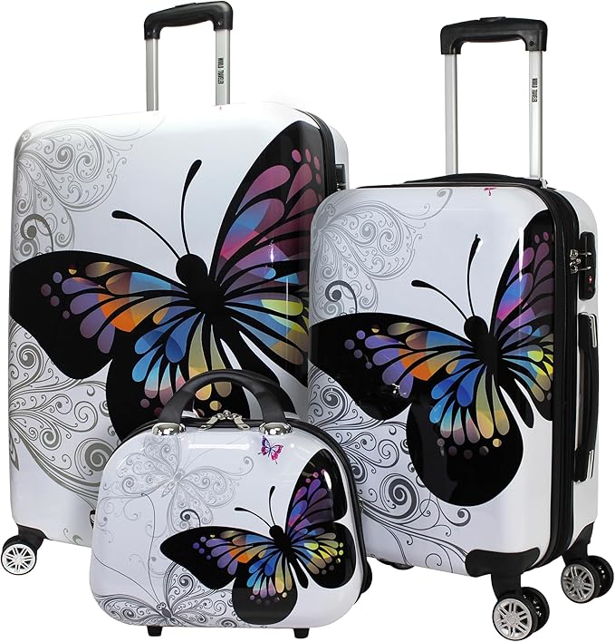 World Traveler Butterfly 3-Piece Polycarbonate Hardside Expandable Spinner Luggage Set with Enhanced Wheel System