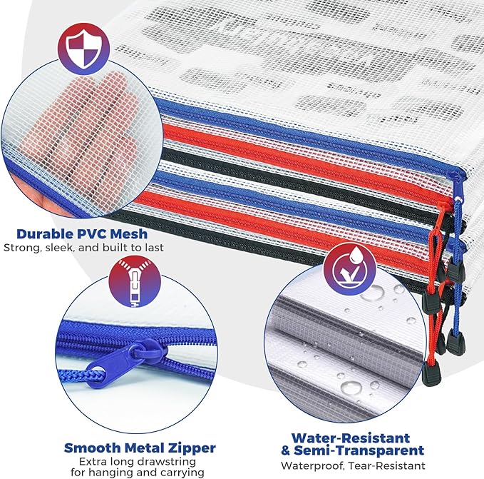 Charmount A4 Mesh Zipper Pouch Bags, Waterproof Plastic Document Organizer Folders, Multipurpose File Bags for Office, School, Toys, Board Games, Puzzles, Travel, and Home Storage Supplies-10 Pack
