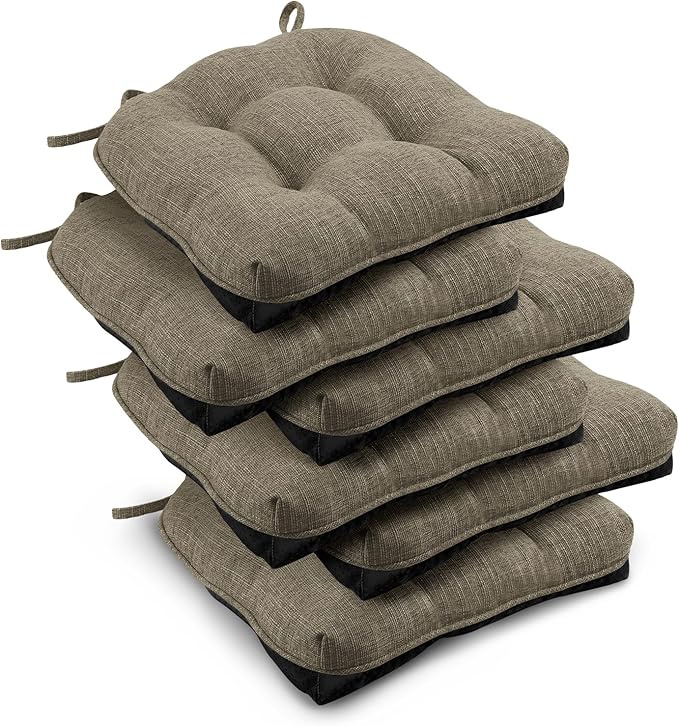 downluxe Indoor Chair Cushions for Dining Chairs, Tufted Overstuffed Textured Kitchen Chair Pads with Ties and Non-Slip Backing, 15.5" x 15.5" x 4", Khaki, 6 Pack