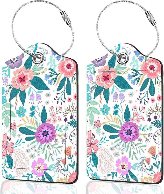 2Pack Luggage Tags for Suitcases, Cute Unique Pu Leather Cruise Luggage Tag with Privacy Cover ID Label Address Card and Metal Ring Suitable for Women Men Kids Travel Bag Colorful Flowers 2