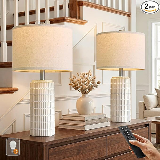 PoKat 23’’ Dimmable Table Lamps Set of 2 with Remote for Living Room, White | Modern Bedside Lamps for Bedroom, Stepless Adjustable, Farmhouse Ceramic Lamp for Nightstands, Blubs Included, No Battery