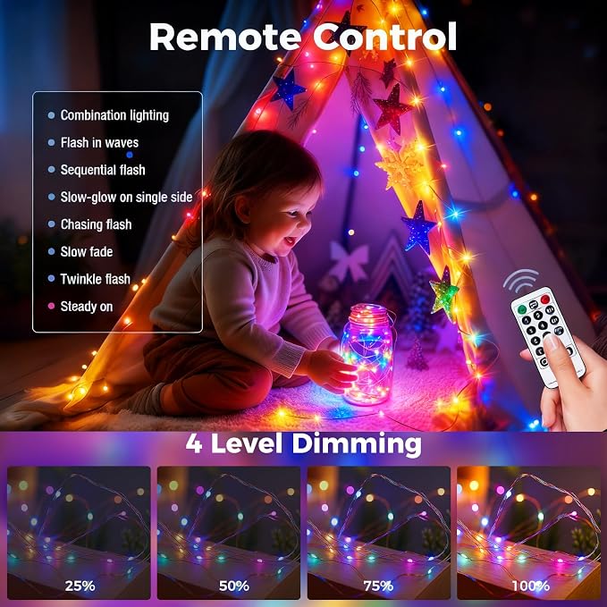 btfarm Fairy Lights Plug in with Remote, 33FT 100 LED Twinkle Lights | Dimmable & Timer, 8 Modes String Lights, IP65 Waterproof for Bedroom Garden Christmas Decorations Indoor Outdoor, Multicolor