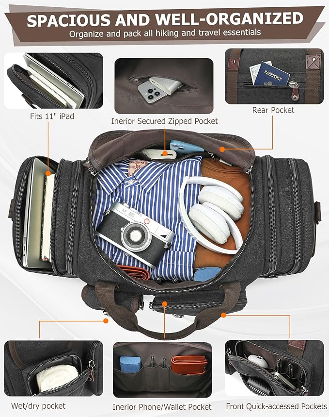 Canvas Duffle Bag for Travel, 55L Weekender Overnight Bag for Men & Women, Vintage Carry on Bags for Airplanes