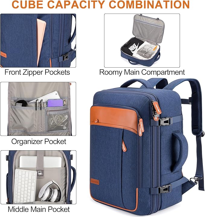 Lumesner Carry on Travel Backpacks, Extra Large 40L Flight Approved Bag for Men & Women,Expandable Suitcase Backpack With 4 Packing Cubes,Water Resistant Luggage Daypack Business Weekender Bag, Blue