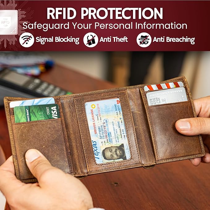 BULL GUARD Best Leather Men's RFID Trifold Wallet With ID Great Outdoor Wallet