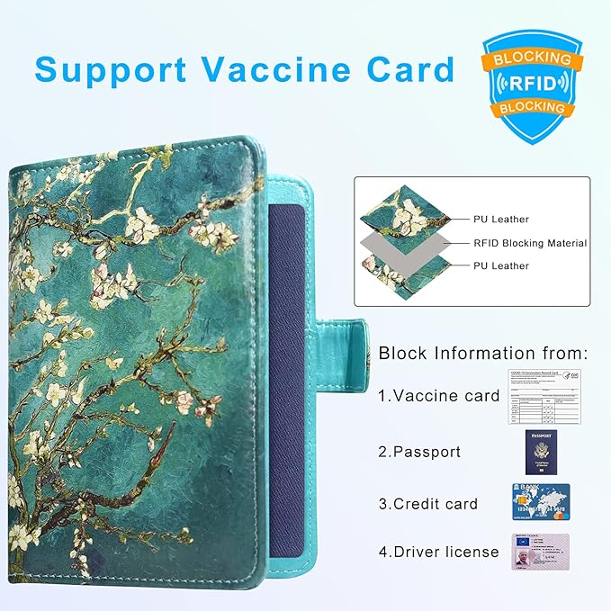 ACdream Passport and Vaccine Card Holder Combo, Cover Case with CDC Vaccination Card Slot, Leather Travel Documents Organizer Protector, with RFID Blocking, for Women and Men, Almond Blossom