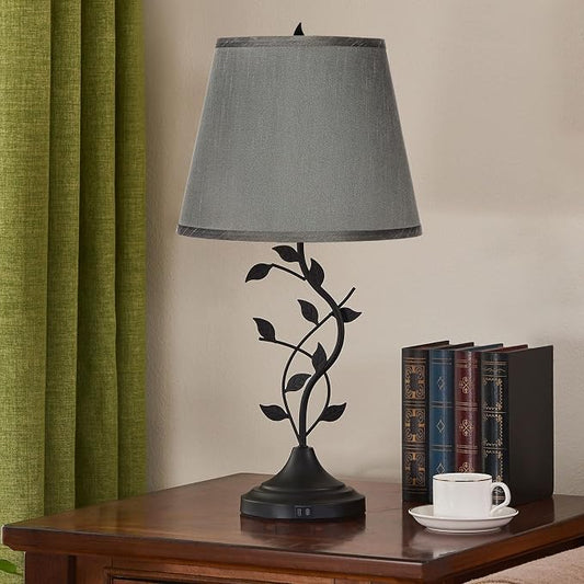 Kakanuo Table Lamp for Living Room, Bedside Lamp for Bedroom, Rustic Lamp | Knob Switch, USB C+A Charging Ports, Corded, Gray, Traditional Rustic Leaf Lamp for Livingroom, Bedside, Bedroom, Nightstand