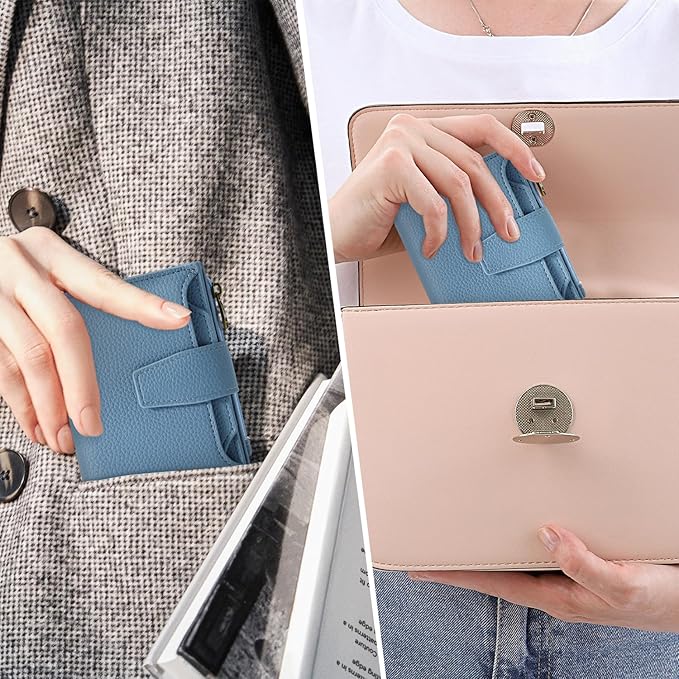 Airkit Small Wallet Women RFID Blocking Soft Leather Bifold Compact Card Holder Wallet for Women with Zipper Coin Pocket 4 ID Window