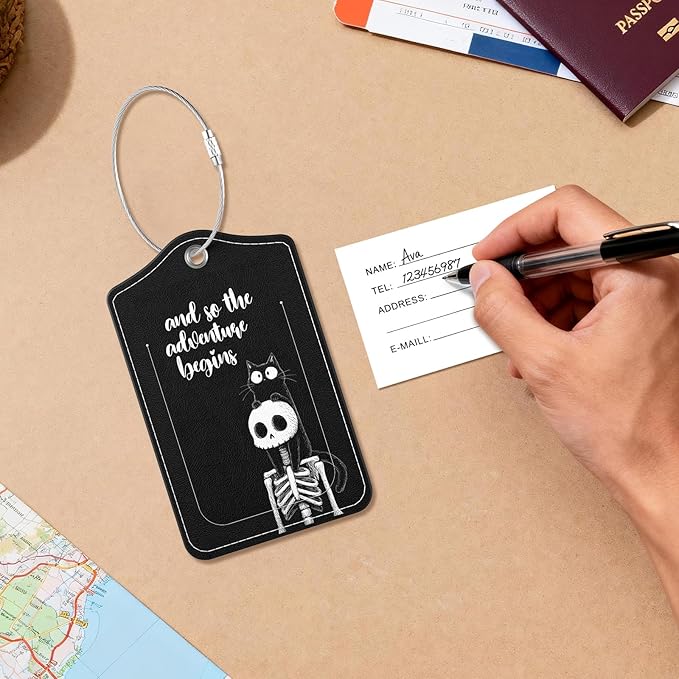2 Pack PU Leather Luggage Tags for Suitcases, Privacy Protection Cover with Stainless Steel Loop and Address Card, Travel Cruise Essentials (Black Cat Skull)