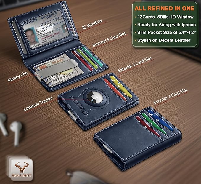 BULLIANT Men Airtag Wallet,Slim Wallet Money Clip Card Holder Magnetic Closure 12 Cards in Front Pocket RFID Blocking