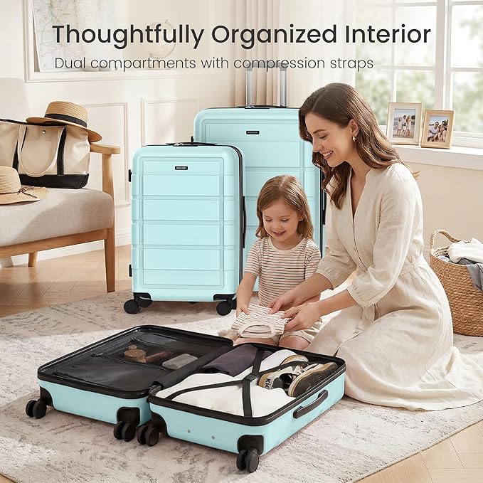 SHOWKOO Luggage Sets Expandable 100% PC Durable Suitcase with TSA Lock Double Wheels Mint Green