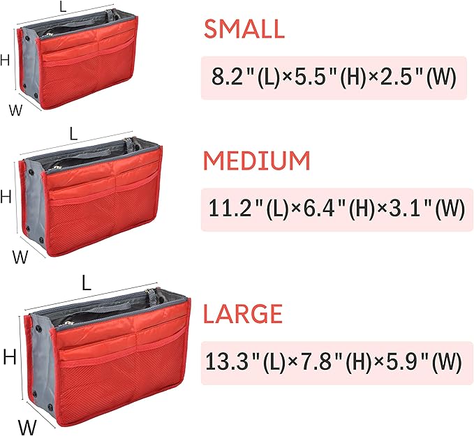 Vercord Purse Organizer Insert for Handbags Bag Organizers Inside Tote Pocketbook Women Nurse Nylon 13 Pockets Red Large