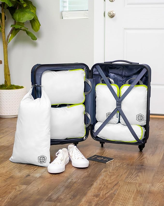 Compression Packing Cubes 6 Piece Set for Carryon Suitcases- Lightweight, Durable Clothes Organizer (White and Green)