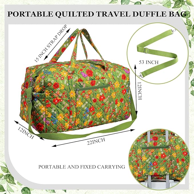 Large Quilted Travel Duffle Bag for Women Floral Portable Gym Weekender Bag with Zipper Pockets Workout Grocery Pouch Duffle Gift Pouch for Work(Yellow Green Grassland)