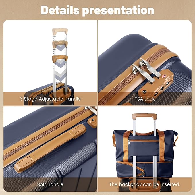 5 Piece Luggage Sets, Suitcases with Wheels ABS Hardshell Carry-On for Family and Business Travel | TSA Lock, 360° Silent Spinner Wheels(20/24/28/DB/TB Navy)