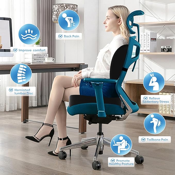 Seat Cushion &Office Chair Cushion,Lumbar Support Pillow for Office Chair,Ergonomic Memory Foam Non-Slip Office Chair Cushion,Back Support Cushions for Tailbone&Sciatica Pain Relief Black